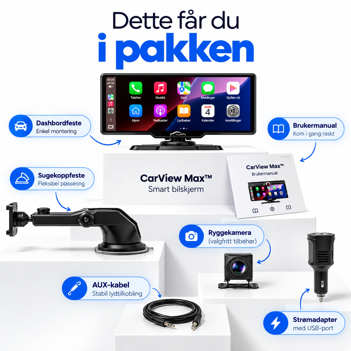 CarView Max™ – Smart bilskjerm med Apple CarPlay og Android Auto
